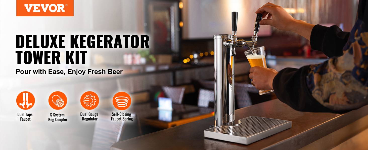 VEVOR Kit colonne bière 2 robinets, inox, régulateur double jauge W21,8. Coupleur système S, bar. - Image 9