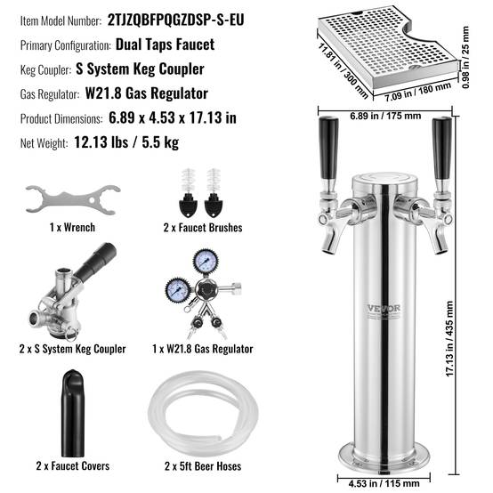 VEVOR Kit colonne bière 2 robinets, inox, régulateur double jauge W21,8. Coupleur système S, bar. - Image 7