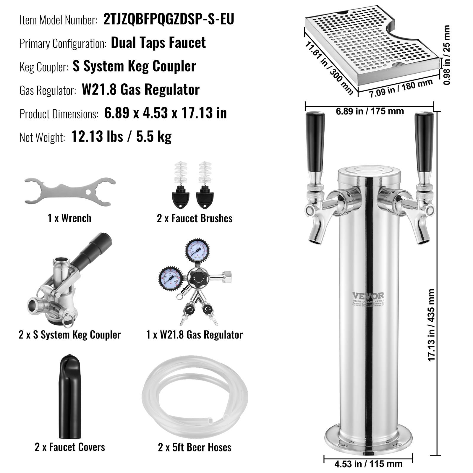 VEVOR Kit colonne bière 2 robinets, inox, régulateur double jauge W21,8. Coupleur système S, bar. - Image 7