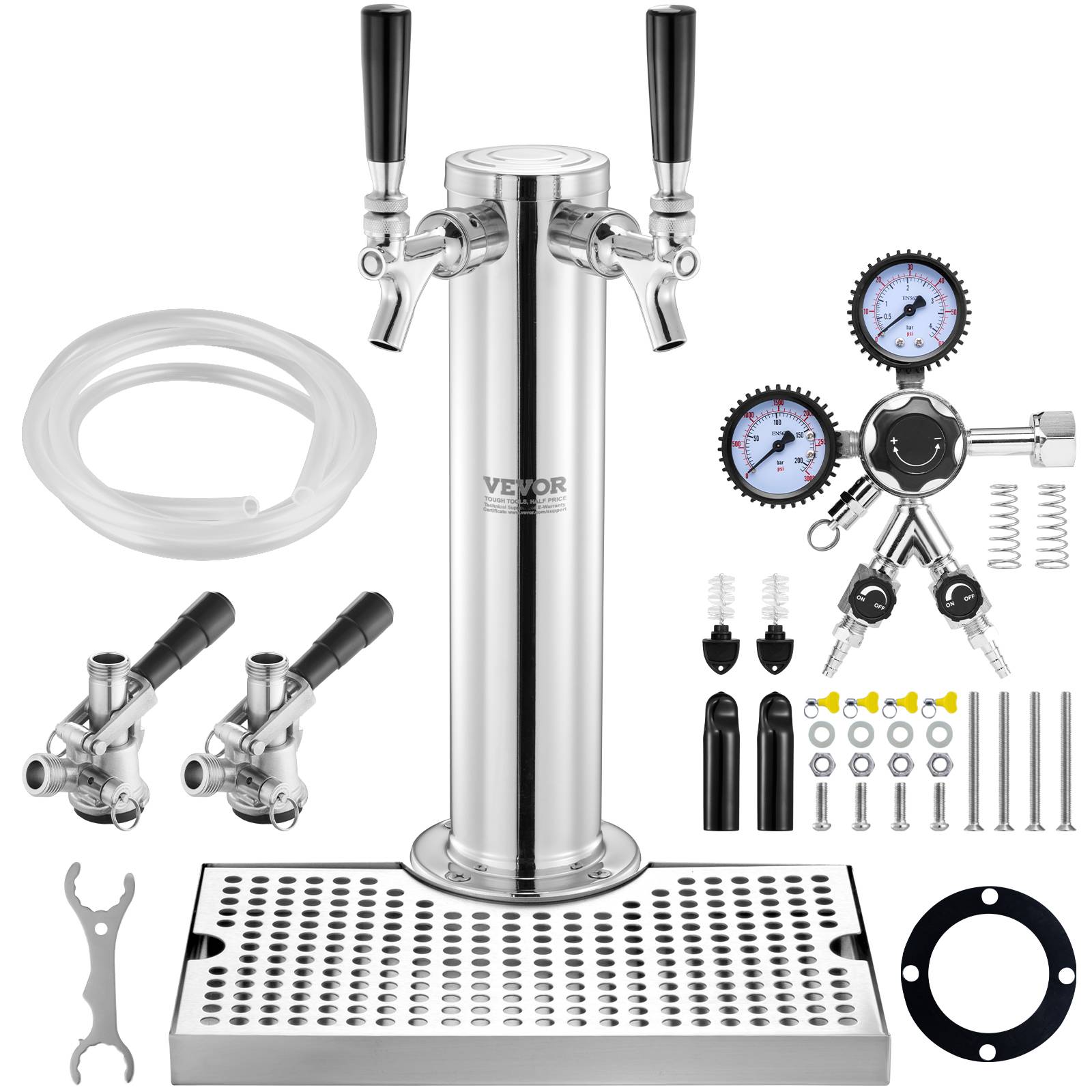 VEVOR Kit colonne bière 2 robinets, inox, régulateur double jauge W21,8. Coupleur système S, bar. - Image 1
