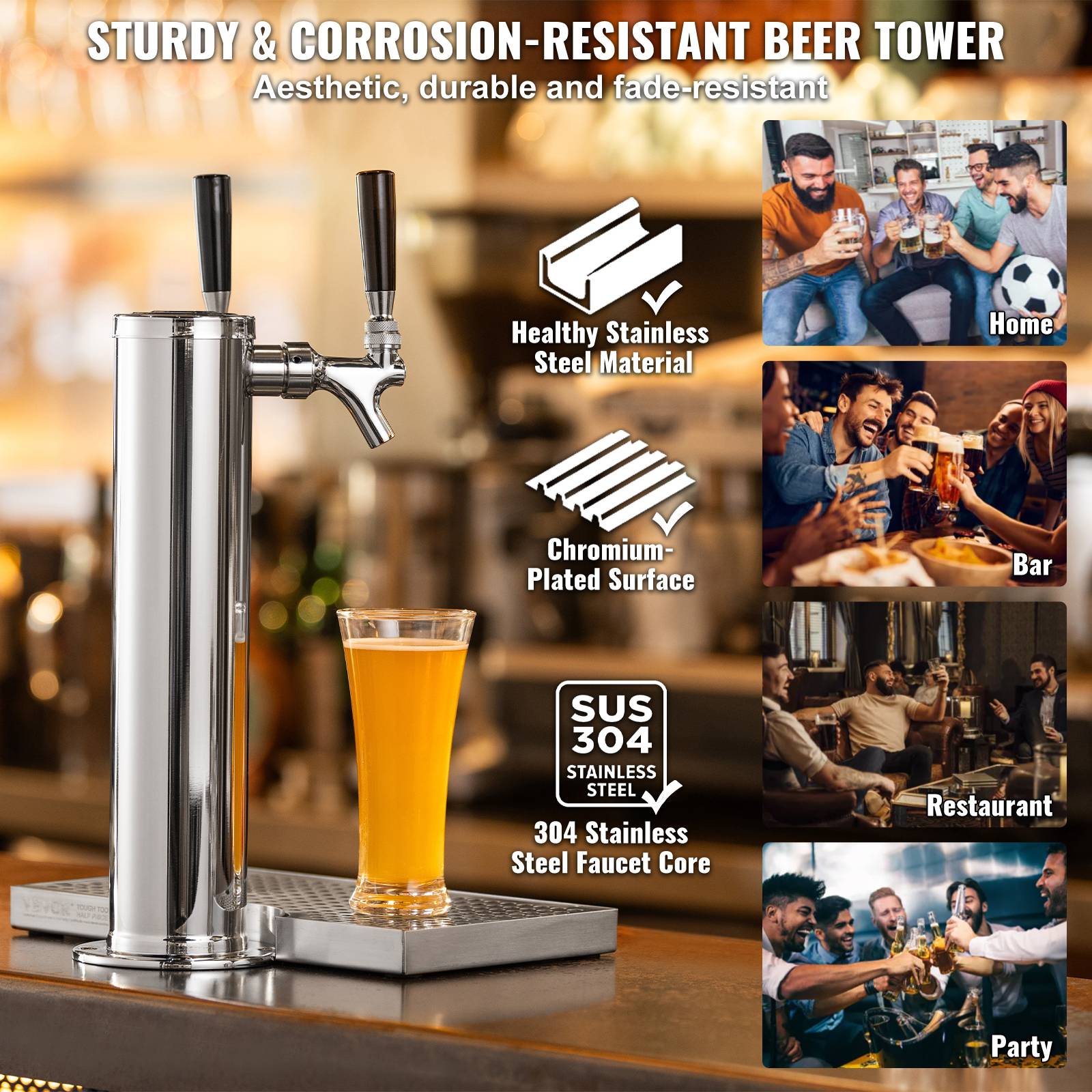 VEVOR Kit colonne bière 2 robinets, inox, régulateur double jauge W21,8. Coupleur système S, bar. - Image 5
