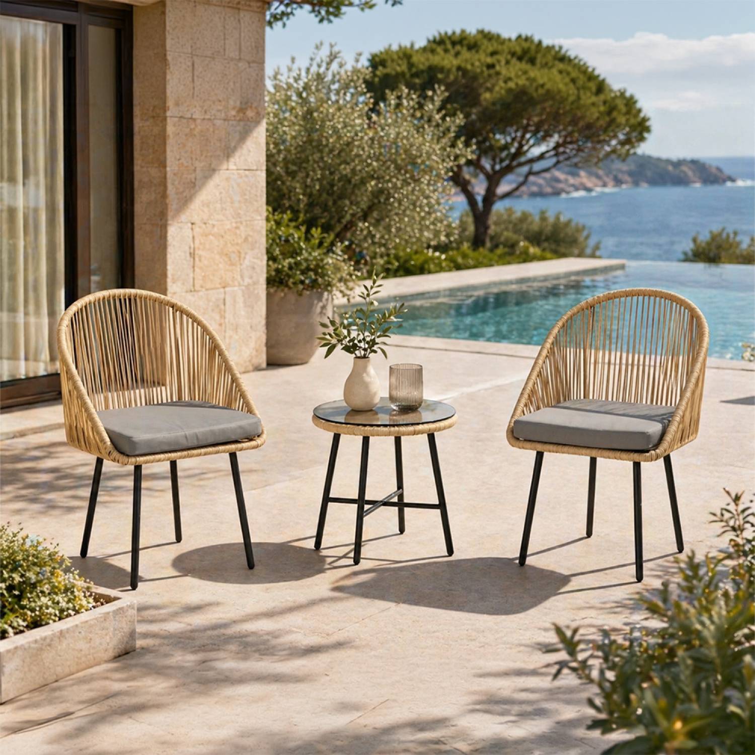 Ensemble de jardin 2 fauteuils et table basse effet rotin naturel IPANEMA - Image 2
