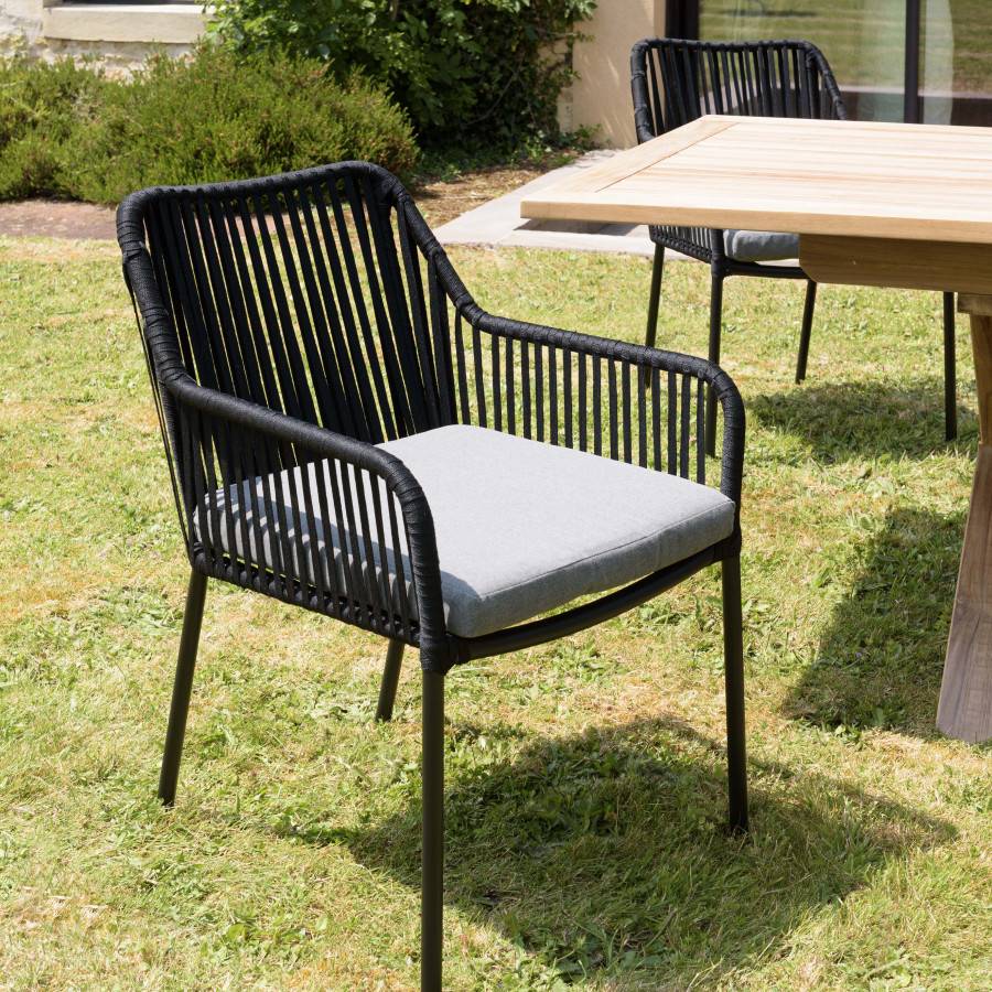 Macabane - MALO - SALON DE JARDIN 6 PERS. - 1 table rectangulaire 180x100cm et 6 fauteuils gris et noirs - Imagen 9