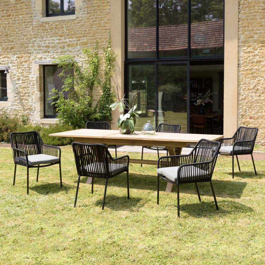 Macabane - MALO - SALON DE JARDIN 6 PERS. - 1 table rectangulaire 180x100cm et 6 fauteuils gris et noirs - Imagen 2