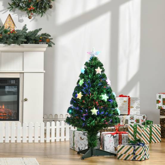 Sapin de Noël Artificiel Lumineux 90H cm Fibre Optique LED Multicolore + Support Pied 90 Branches étoile Sommet Brillante Vert - Image 4