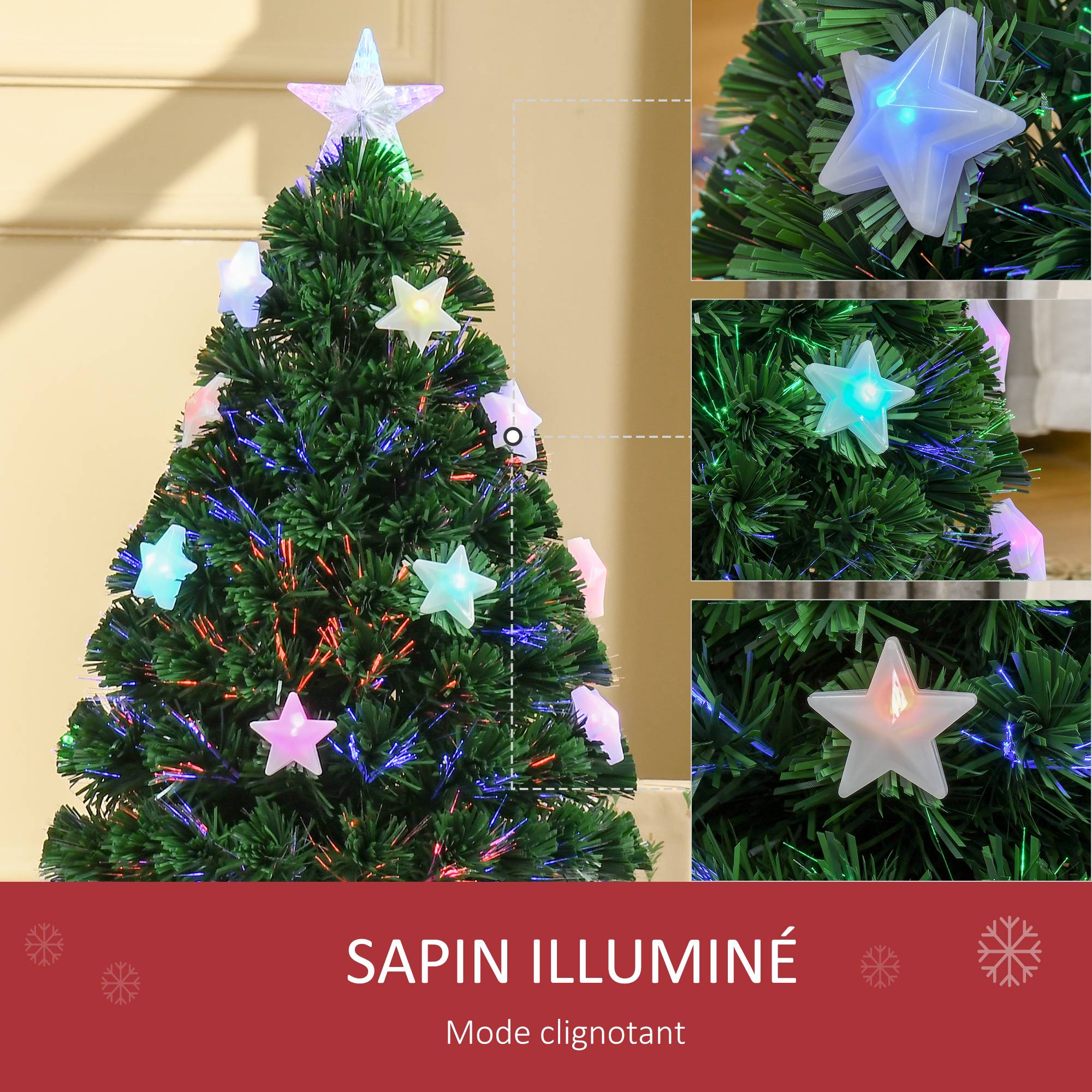 Sapin de Noël Artificiel Lumineux 90H cm Fibre Optique LED Multicolore + Support Pied 90 Branches étoile Sommet Brillante Vert - Image 7