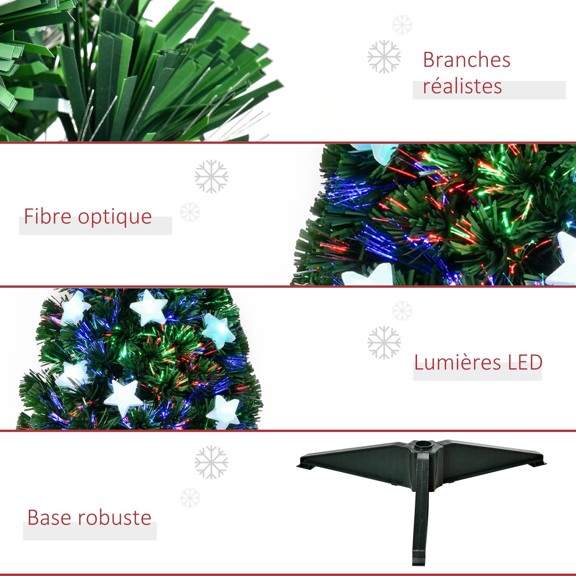 Sapin de Noël Artificiel Lumineux 90H cm Fibre Optique LED Multicolore + Support Pied 90 Branches étoile Sommet Brillante Vert - Image 8