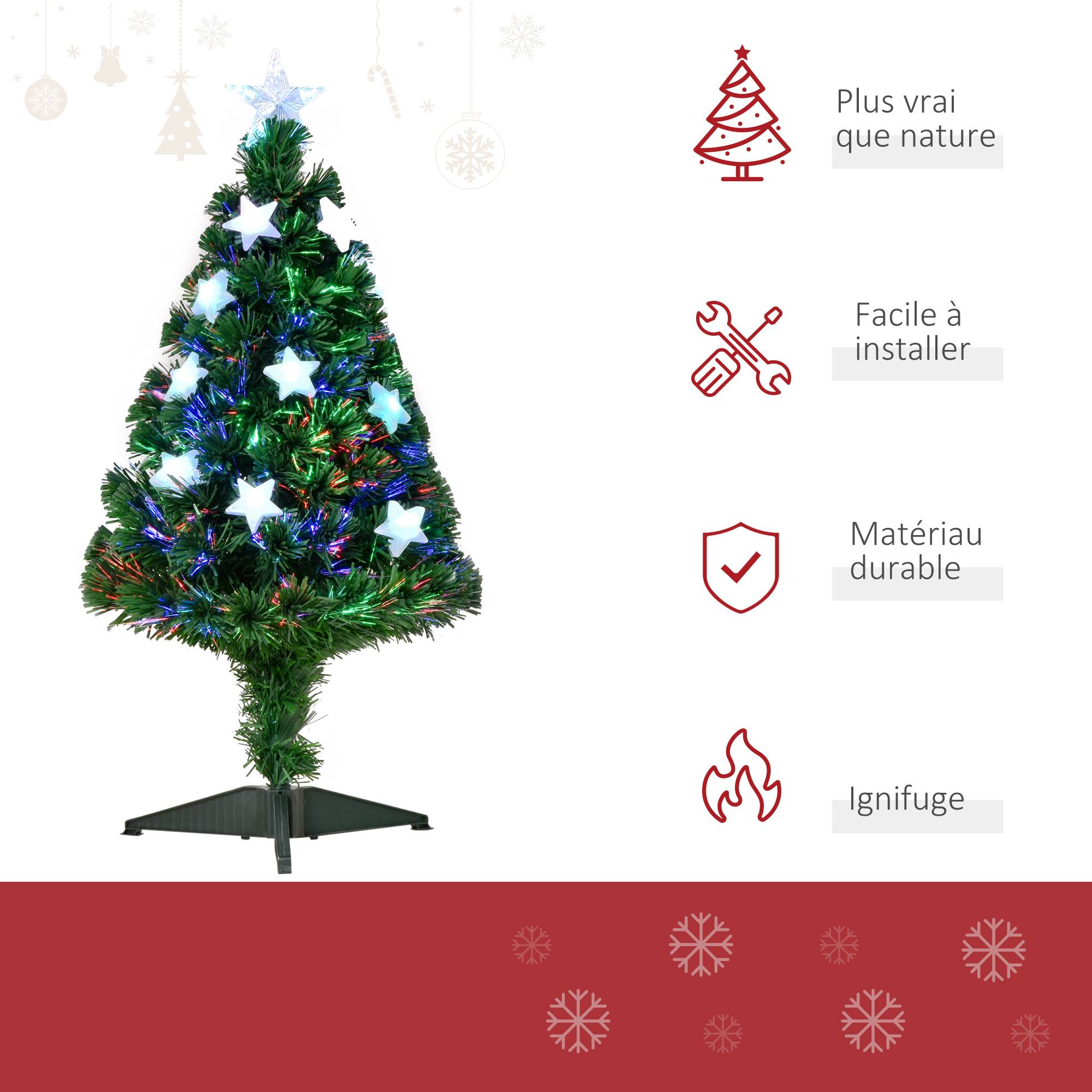 Sapin de Noël Artificiel Lumineux 90H cm Fibre Optique LED Multicolore + Support Pied 90 Branches étoile Sommet Brillante Vert - Image 6