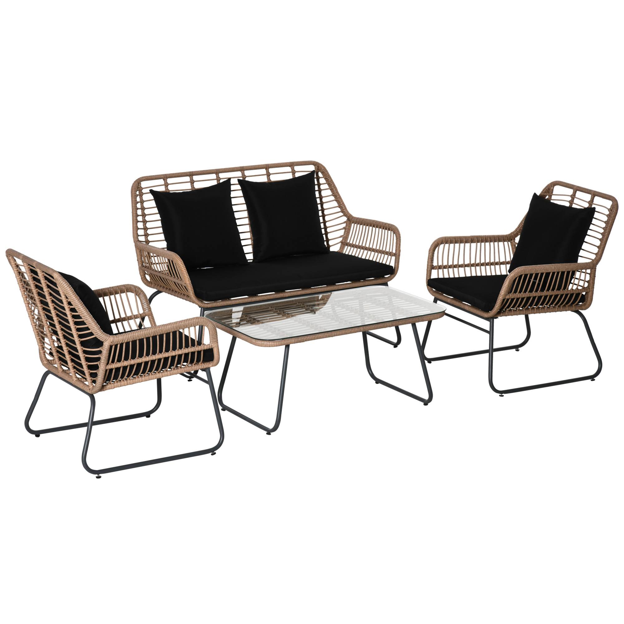 Outsunny - Salon de jardin 4 places 4 pièces style exotique métal époxy résine imitation bambou coussins grand confort inclus polyester noir - Outsunny - Imagen 1
