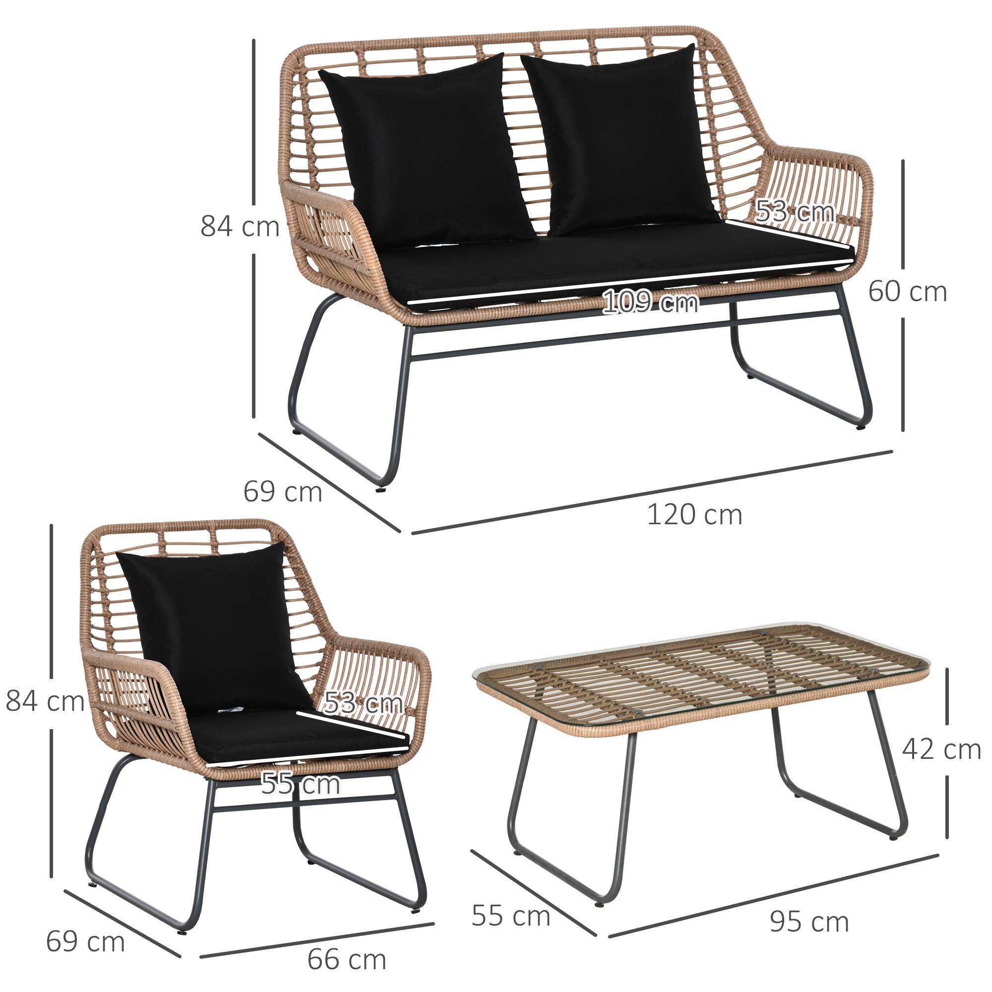 Outsunny - Salon de jardin 4 places 4 pièces style exotique métal époxy résine imitation bambou coussins grand confort inclus polyester noir - Outsunny - Imagen 3