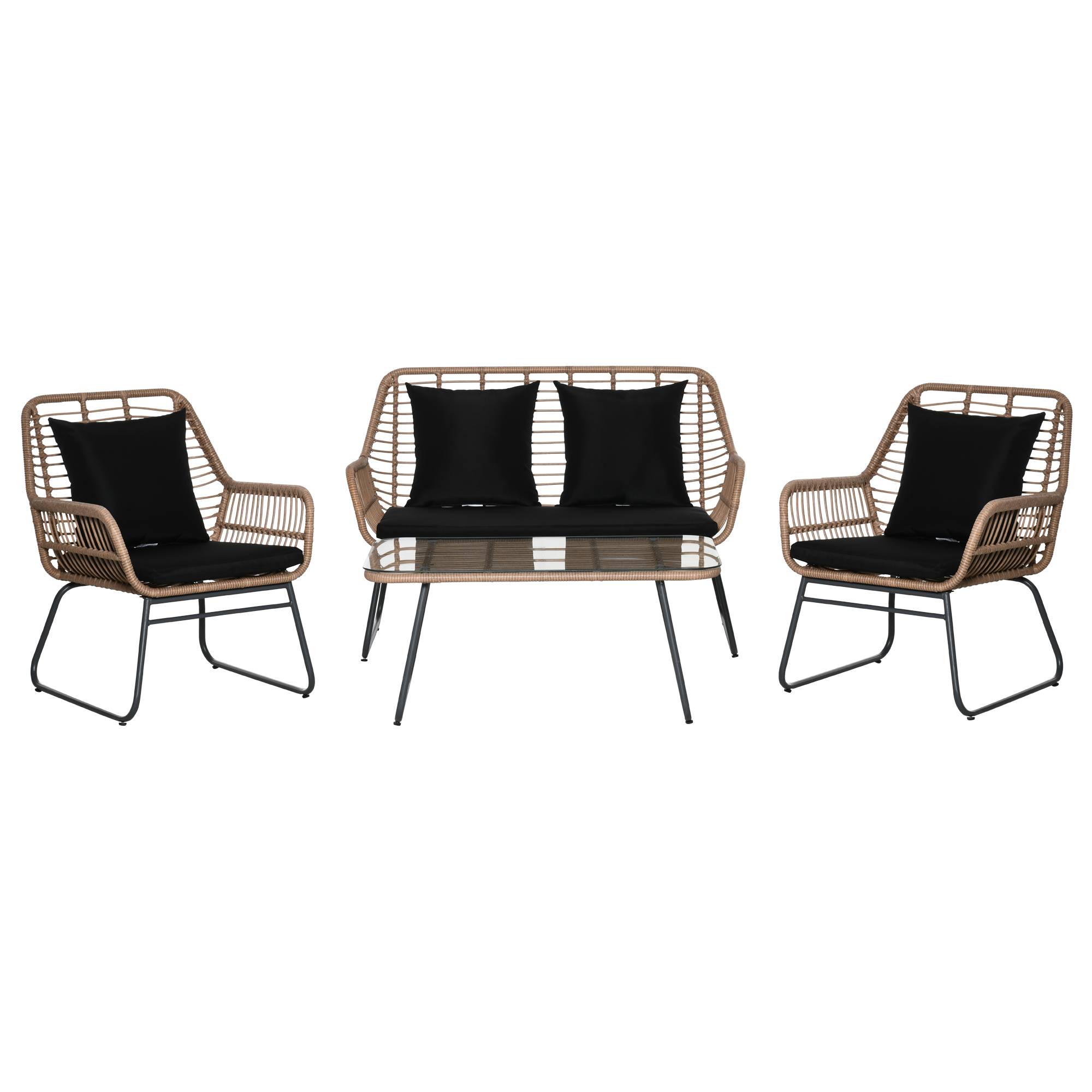 Outsunny - Salon de jardin 4 places 4 pièces style exotique métal époxy résine imitation bambou coussins grand confort inclus polyester noir - Outsunny - Imagen 6