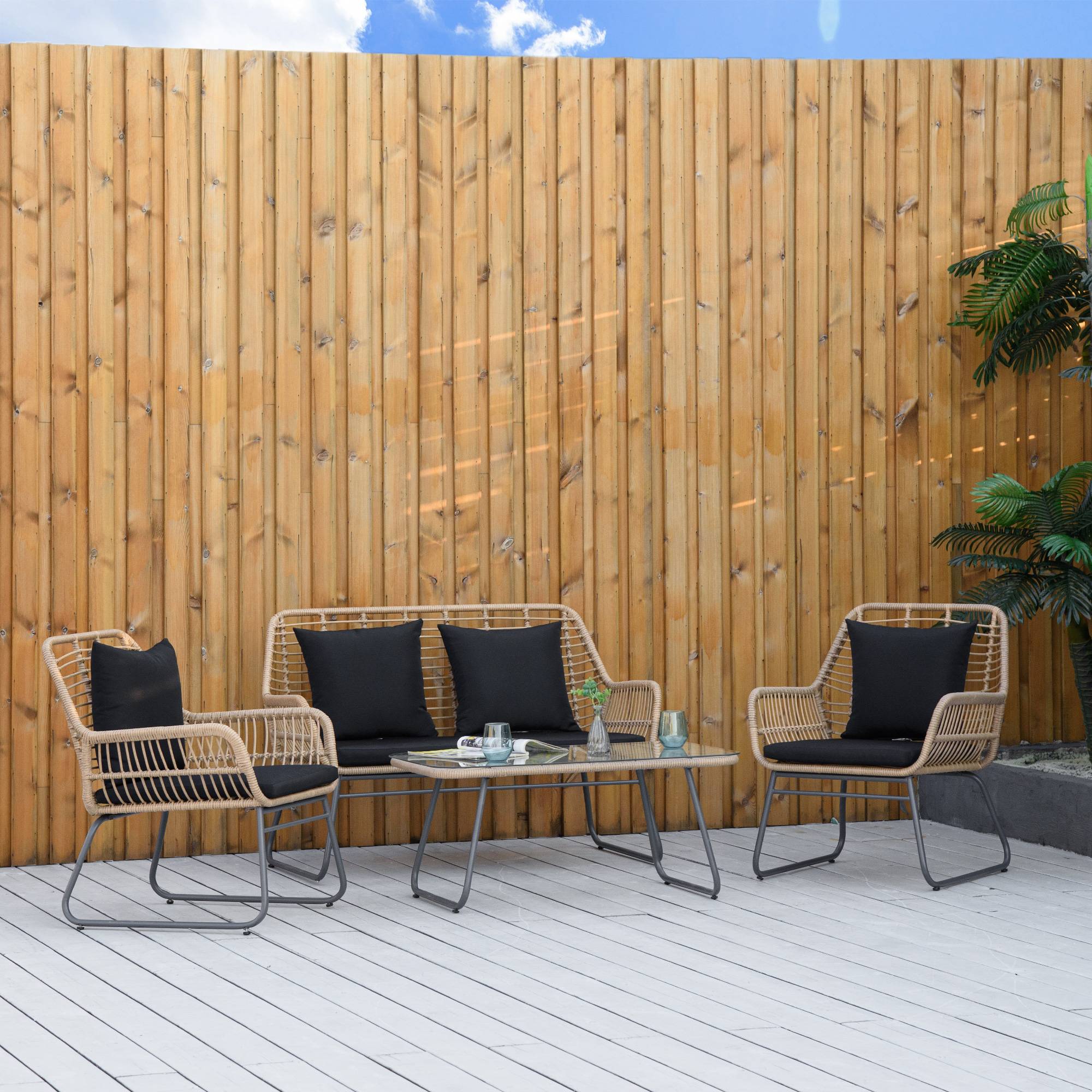 Outsunny - Salon de jardin 4 places 4 pièces style exotique métal époxy résine imitation bambou coussins grand confort inclus polyester noir - Outsunny - Imagen 2