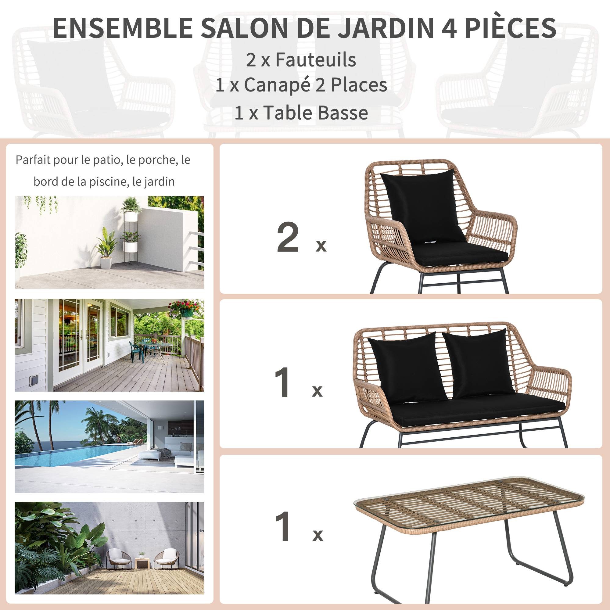 Outsunny - Salon de jardin 4 places 4 pièces style exotique métal époxy résine imitation bambou coussins grand confort inclus polyester noir - Outsunny - Imagen 4