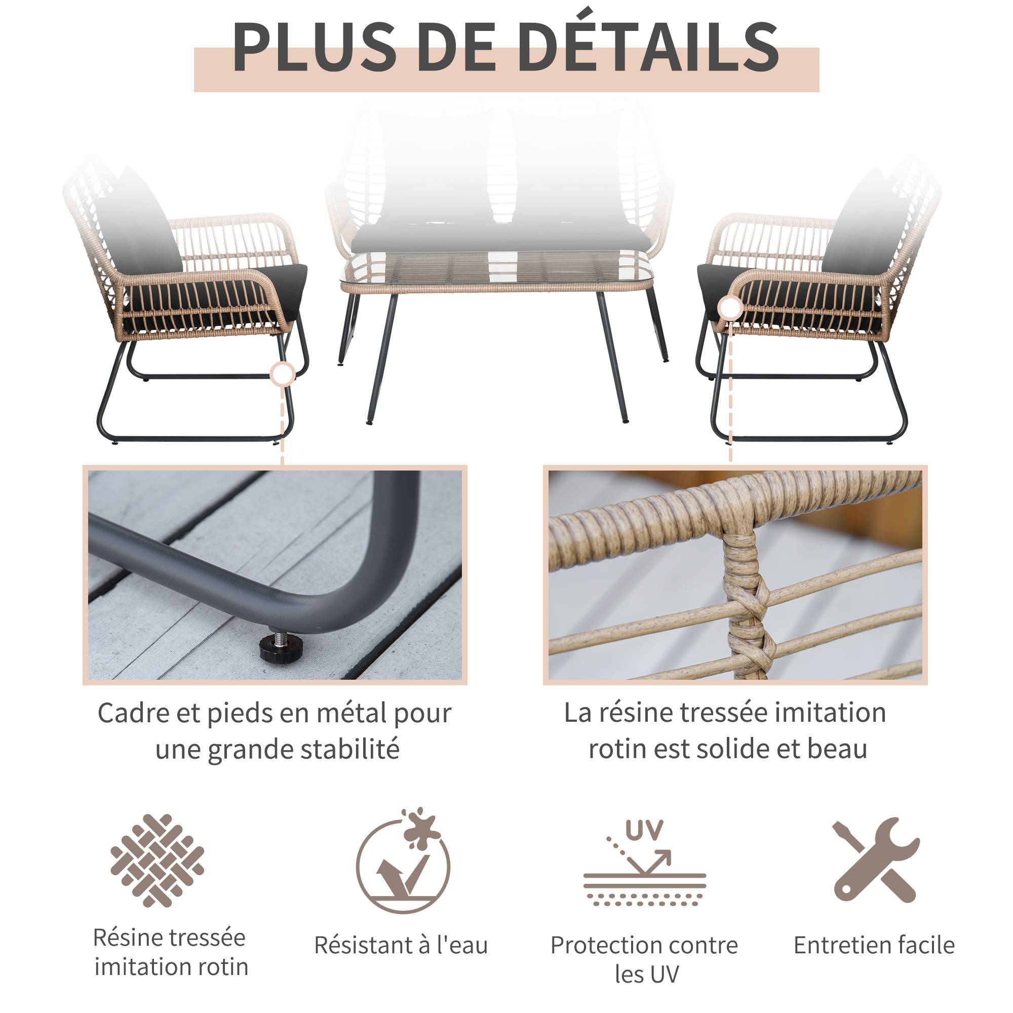 Outsunny - Salon de jardin 4 places 4 pièces style exotique métal époxy résine imitation bambou coussins grand confort inclus polyester noir - Outsunny - Imagen 5