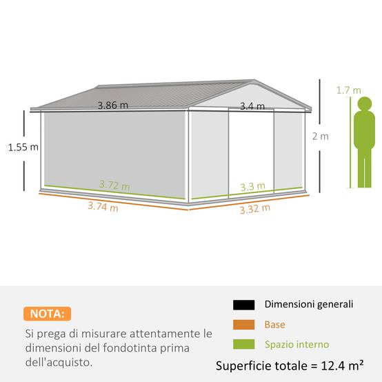 Abri de jardin en acier 3,4 x 3,8 x 2 m avec double porte coulissante et toit en pente, argent - Image 5