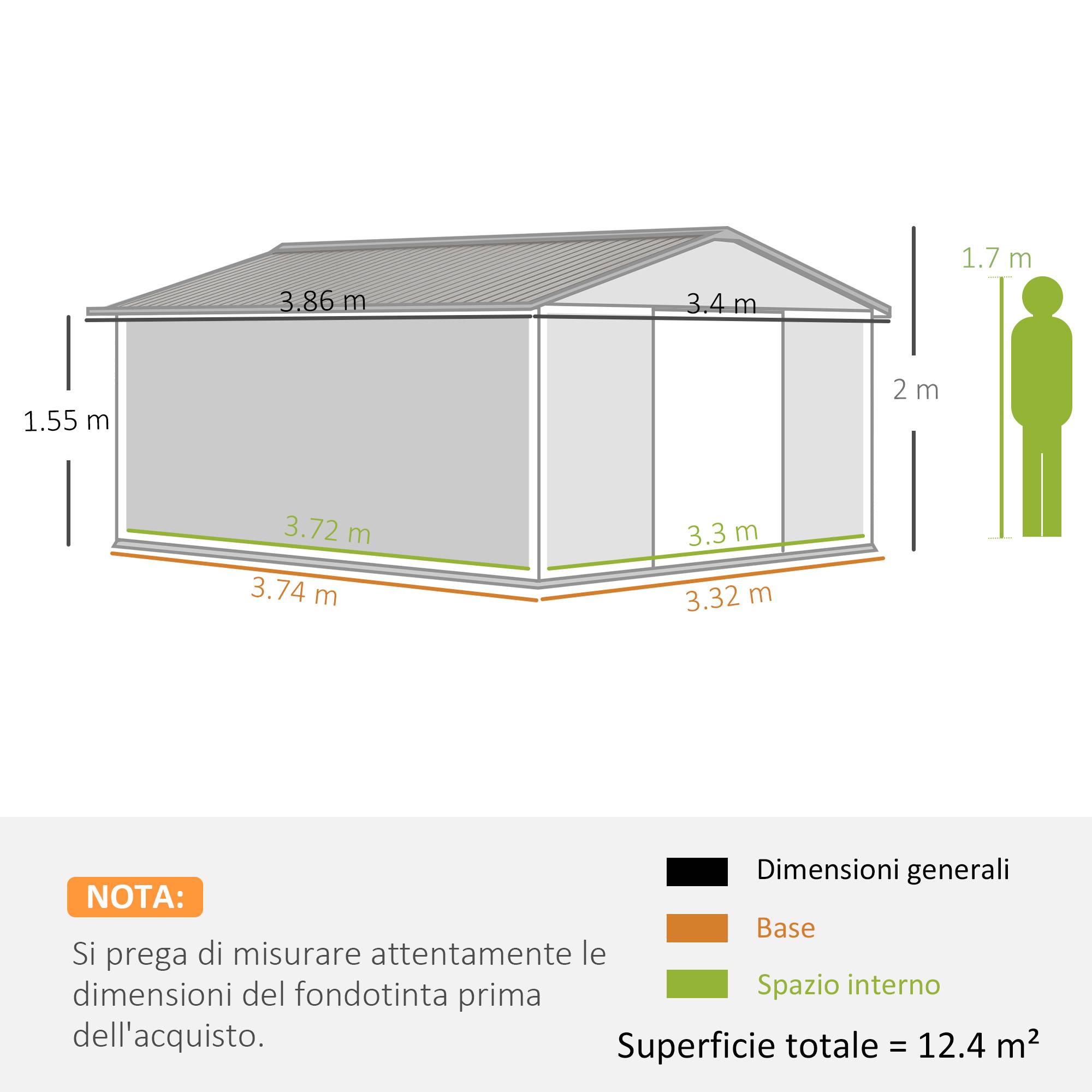 Abri de jardin en acier 3,4 x 3,8 x 2 m avec double porte coulissante et toit en pente, argent - Image 5