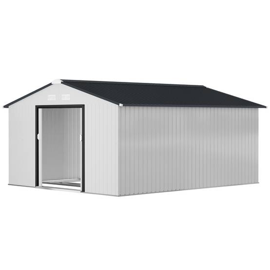 Abri de jardin en acier 3,4 x 3,8 x 2 m avec double porte coulissante et toit en pente, argent - Image 2
