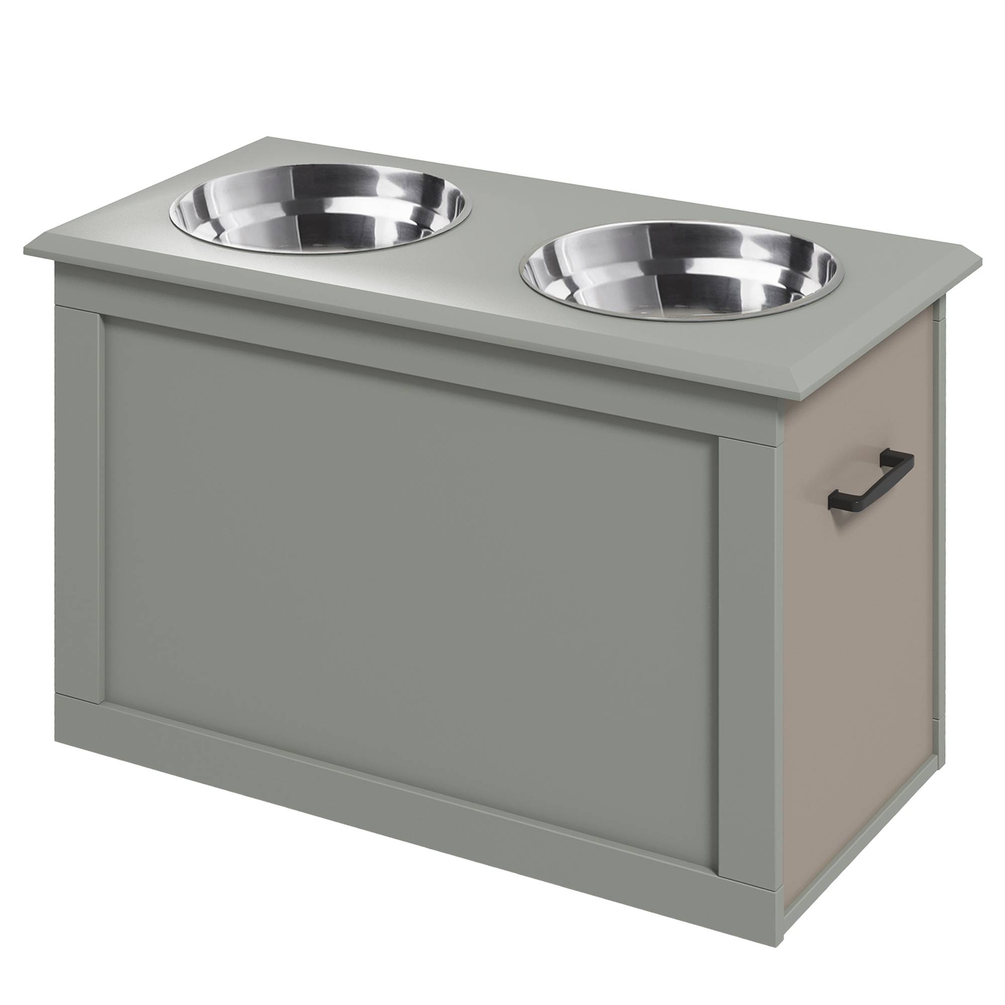 Gamelles chiens surélevées gamelle double chien chat Porte-gamelles surélevé dim. 60L x 30l x 41H cm 2 gamelles 2L poignées coffre bois gris - Image 2