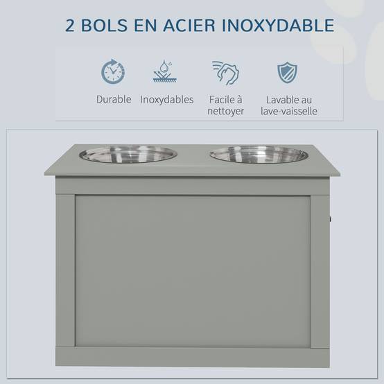 Gamelles chiens surélevées gamelle double chien chat Porte-gamelles surélevé dim. 60L x 30l x 41H cm 2 gamelles 2L poignées coffre bois gris - Image 7