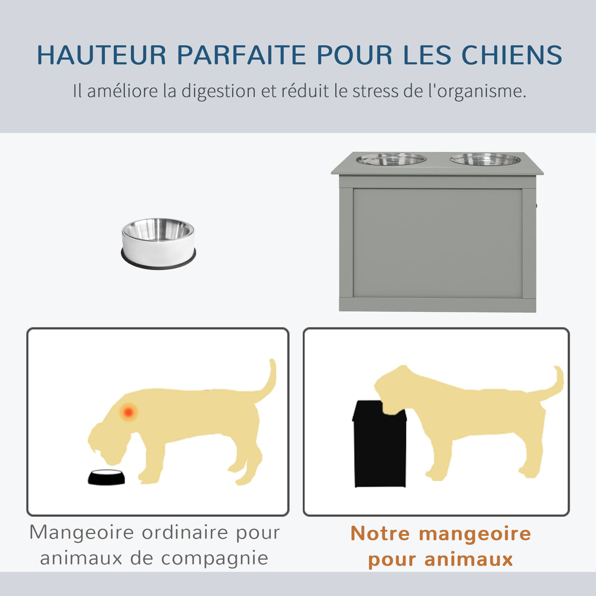 Gamelles chiens surélevées gamelle double chien chat Porte-gamelles surélevé dim. 60L x 30l x 41H cm 2 gamelles 2L poignées coffre bois gris - Image 8