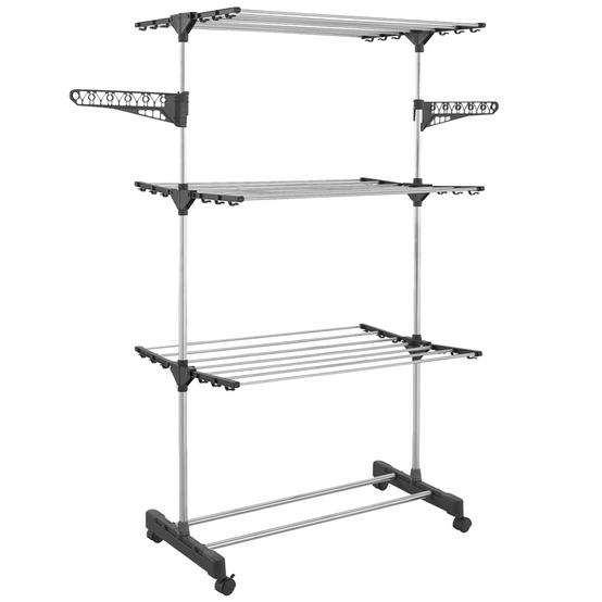 Séchoir à linge vertical pliable 3 niveaux MAXIMA capacité 25M avec cintres et pinces et gris - Image 2