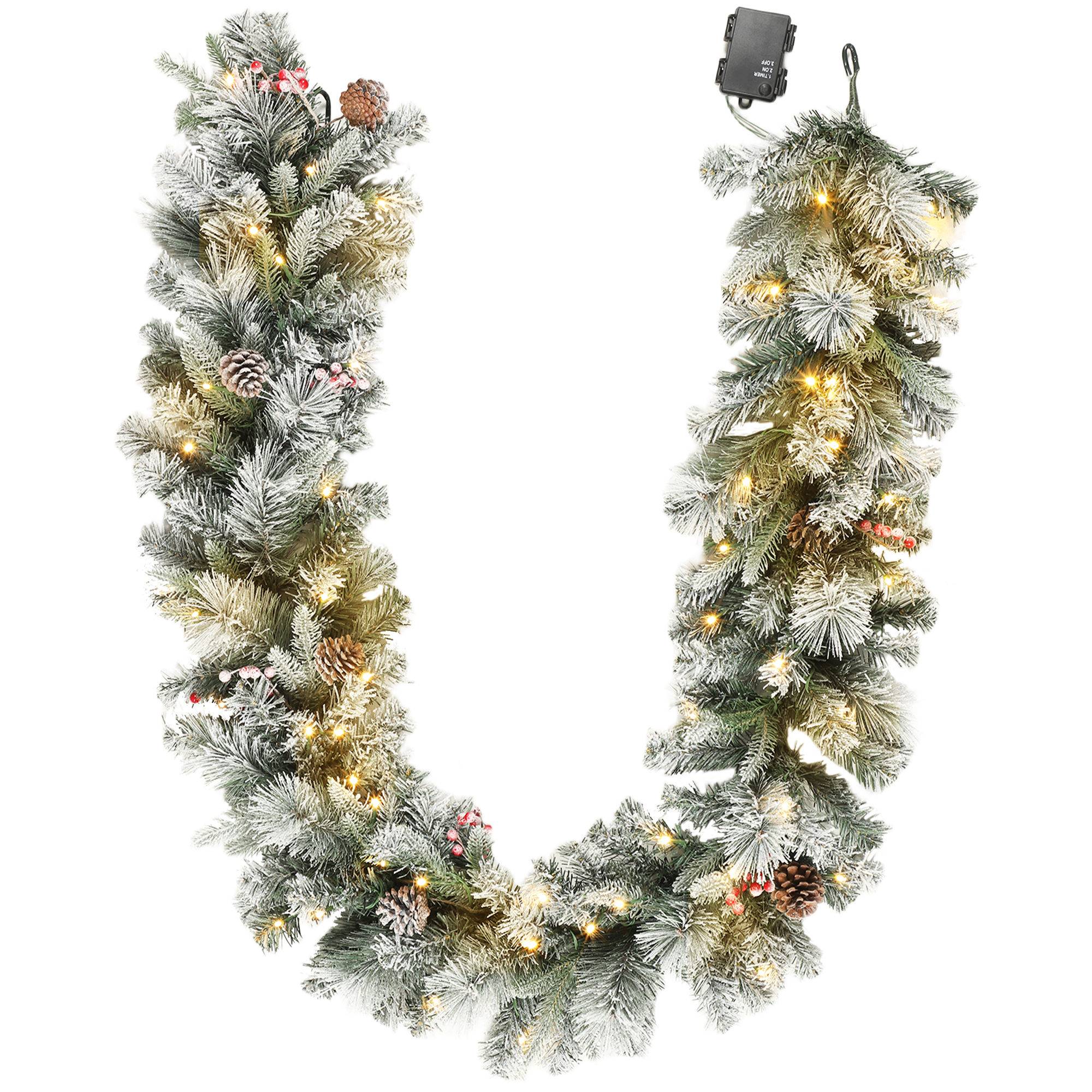 Guirlande de Noël Ø25x180 cm avec 50 lumières LED, baies et pommes de pin, en plastique et métal, verte et blanche - Image 1