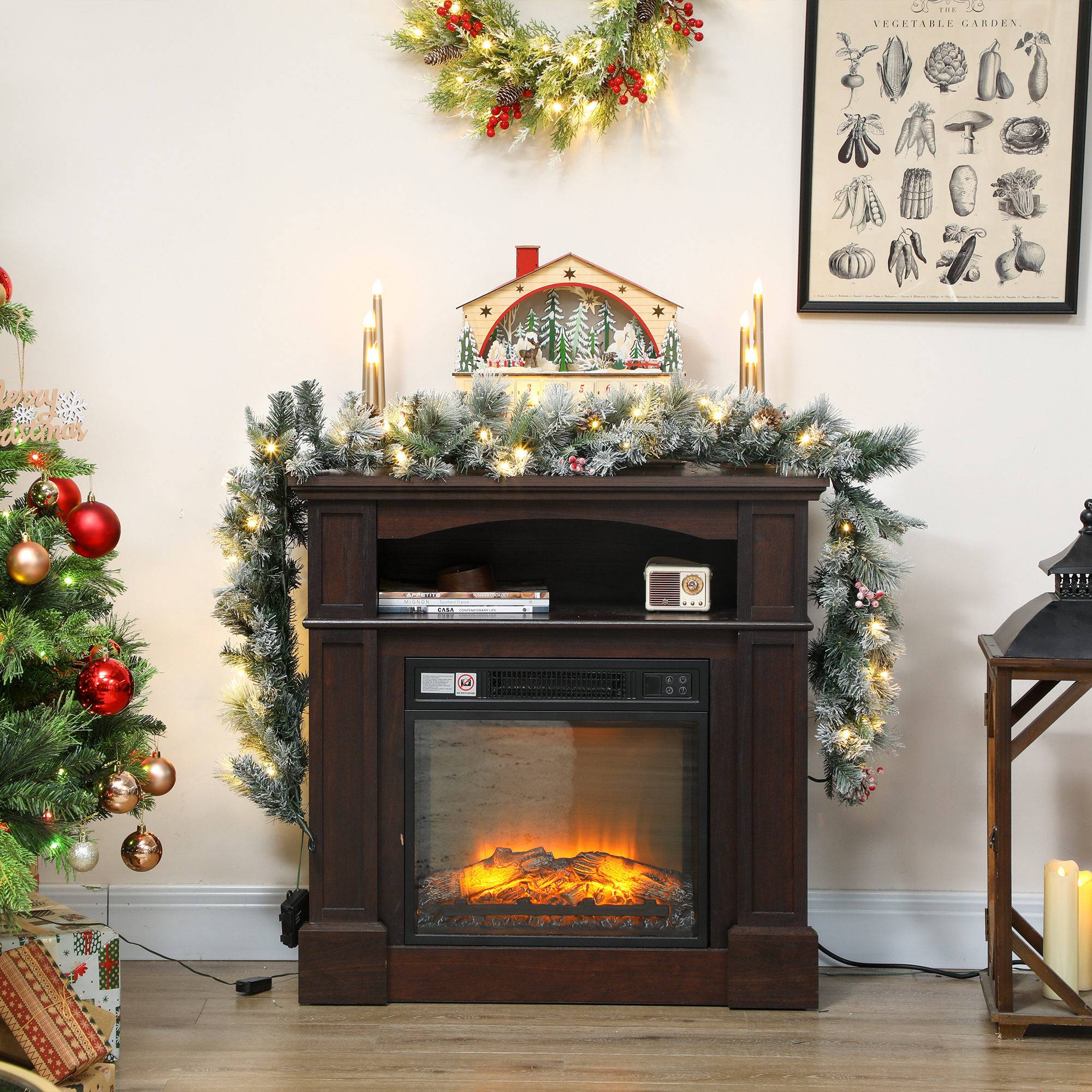 Guirlande de Noël Ø25x180 cm avec 50 lumières LED, baies et pommes de pin, en plastique et métal, verte et blanche - Image 10
