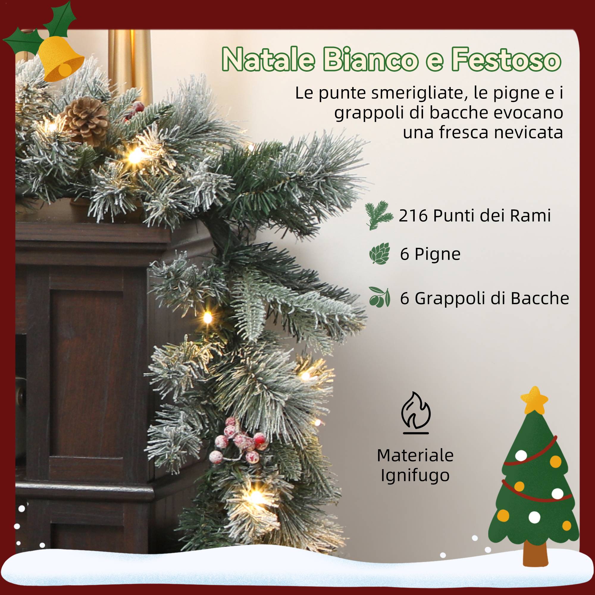 Guirlande de Noël Ø25x180 cm avec 50 lumières LED, baies et pommes de pin, en plastique et métal, verte et blanche - Image 8