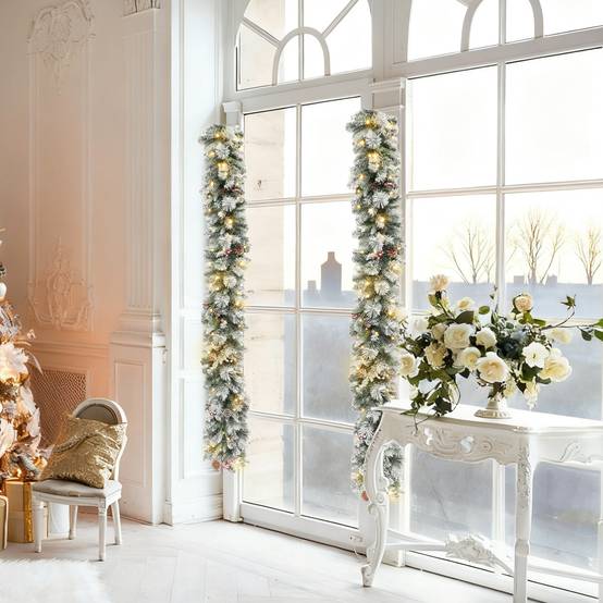 Guirlande de Noël Ø25x180 cm avec 50 lumières LED, baies et pommes de pin, en plastique et métal, verte et blanche - Image 4