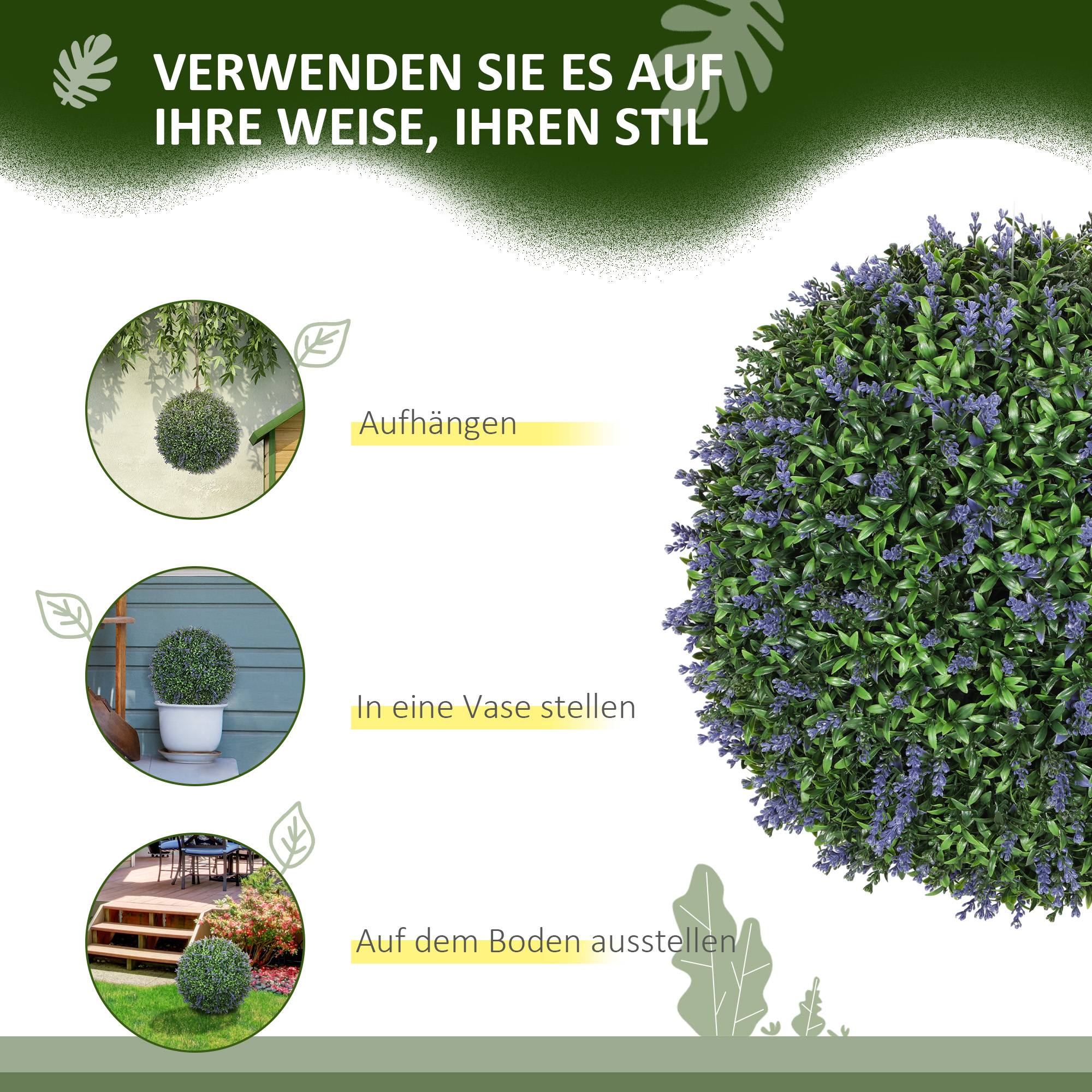 Lot de 2 plantes artificielles en boule, résistantes UV, intérieur/extérieur, 42 cm, vert+lila - Image 8