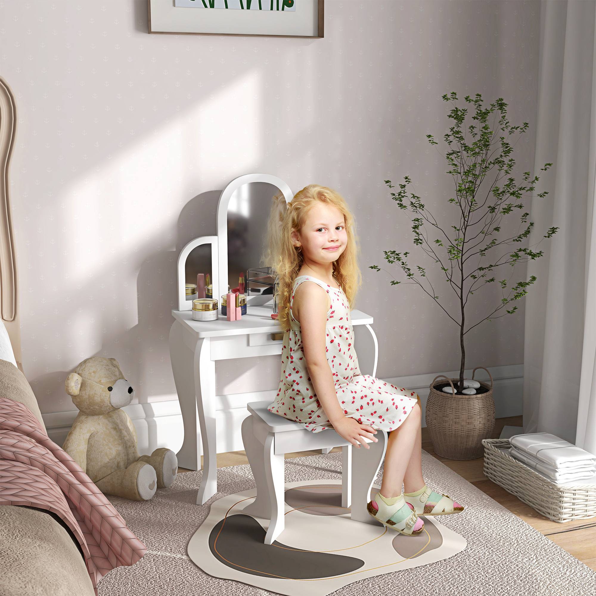 Sans Marque - Coiffeuse pour enfants avec miroir et tabouret, meuble de maquillage pour filles de 3 à 6 ans avec tiroir, blanche - Image 3