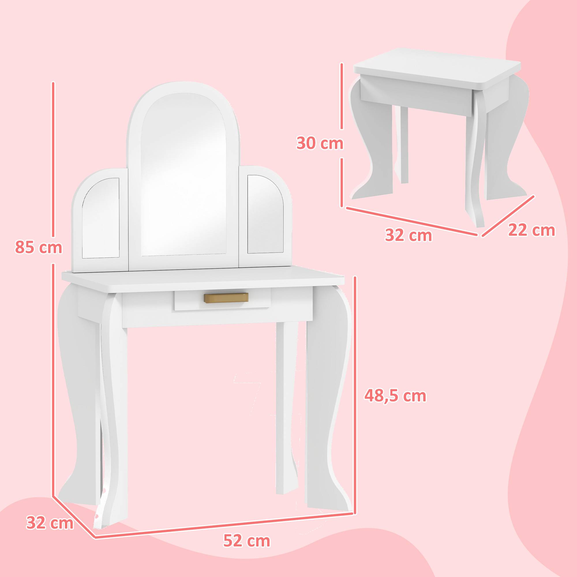 Sans Marque - Coiffeuse pour enfants avec miroir et tabouret, meuble de maquillage pour filles de 3 à 6 ans avec tiroir, blanche - Image 5
