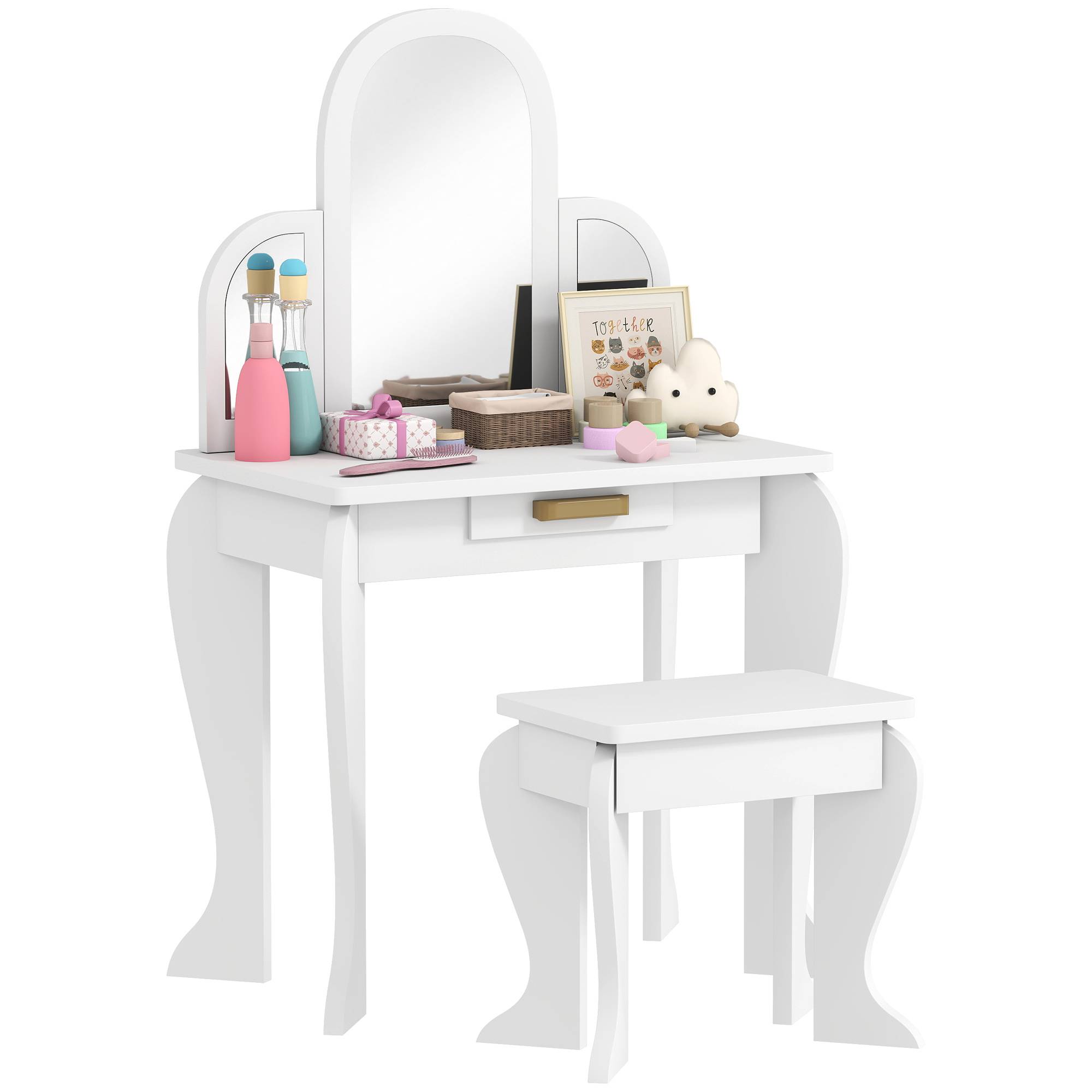 Sans Marque - Coiffeuse pour enfants avec miroir et tabouret, meuble de maquillage pour filles de 3 à 6 ans avec tiroir, blanche - Image 1