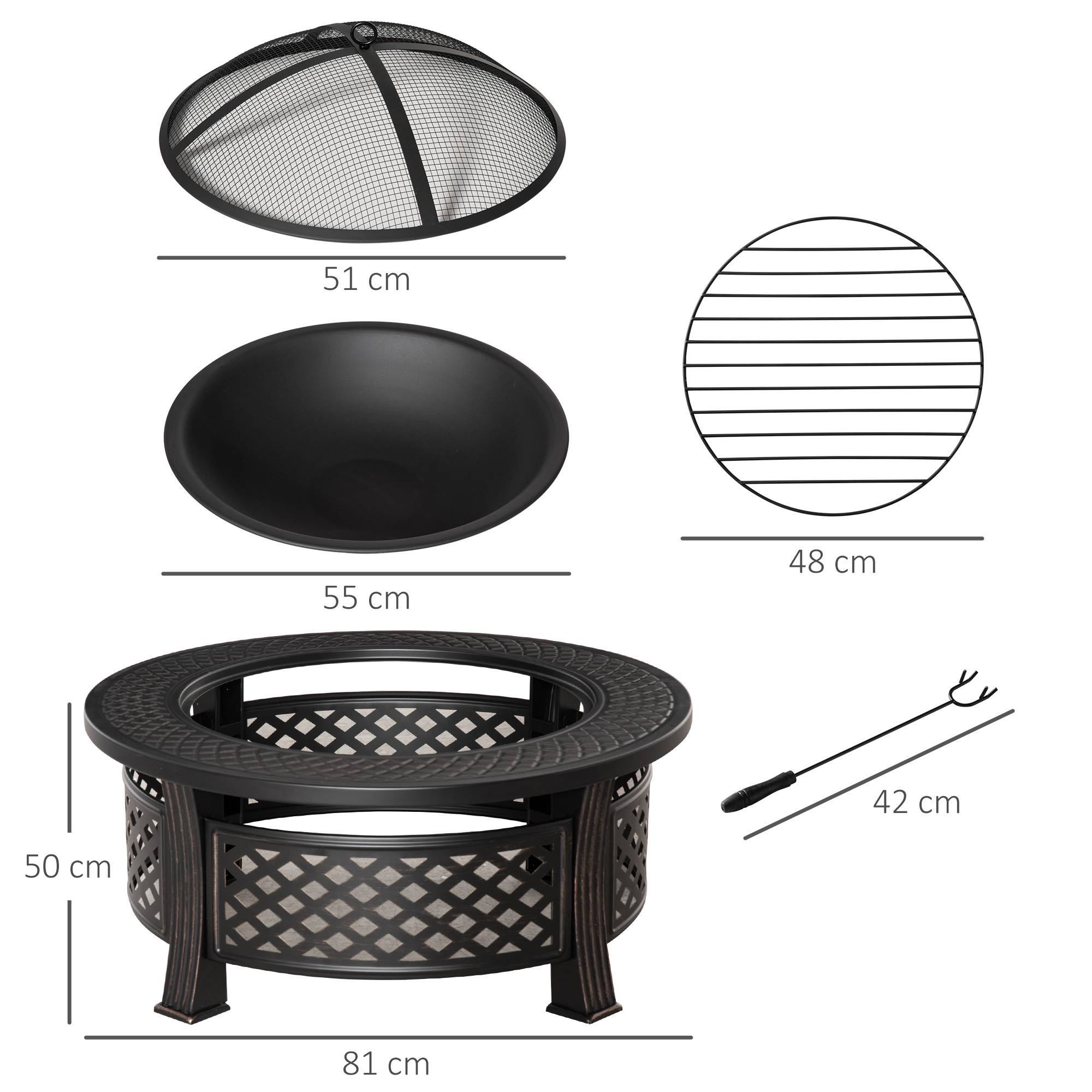 ComfortXL - Brasero 2-en-1 acier 81 x 81 x 50 cm noir effet bronze pour jardin avec barbecue tablette et pare-étincelles - Image 3