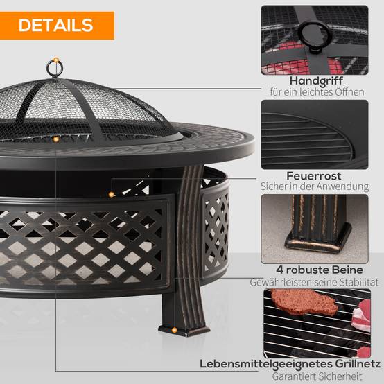 ComfortXL - Brasero 2-en-1 acier 81 x 81 x 50 cm noir effet bronze pour jardin avec barbecue tablette et pare-étincelles - Image 5