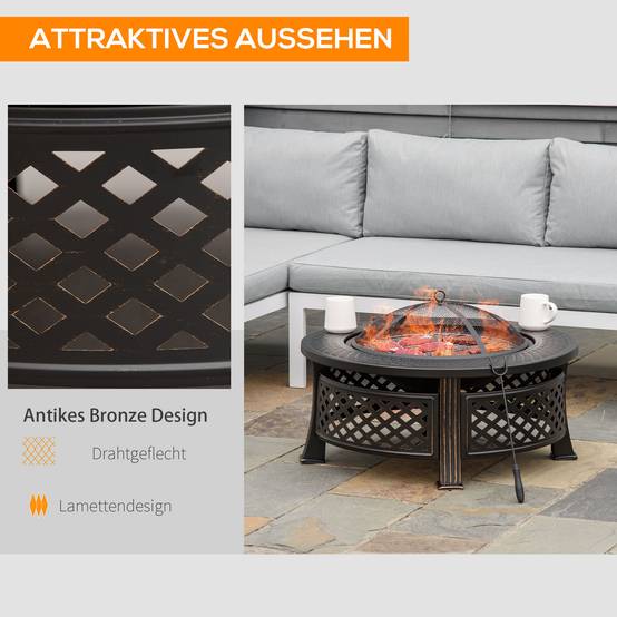 ComfortXL - Brasero 2-en-1 acier 81 x 81 x 50 cm noir effet bronze pour jardin avec barbecue tablette et pare-étincelles - Image 6