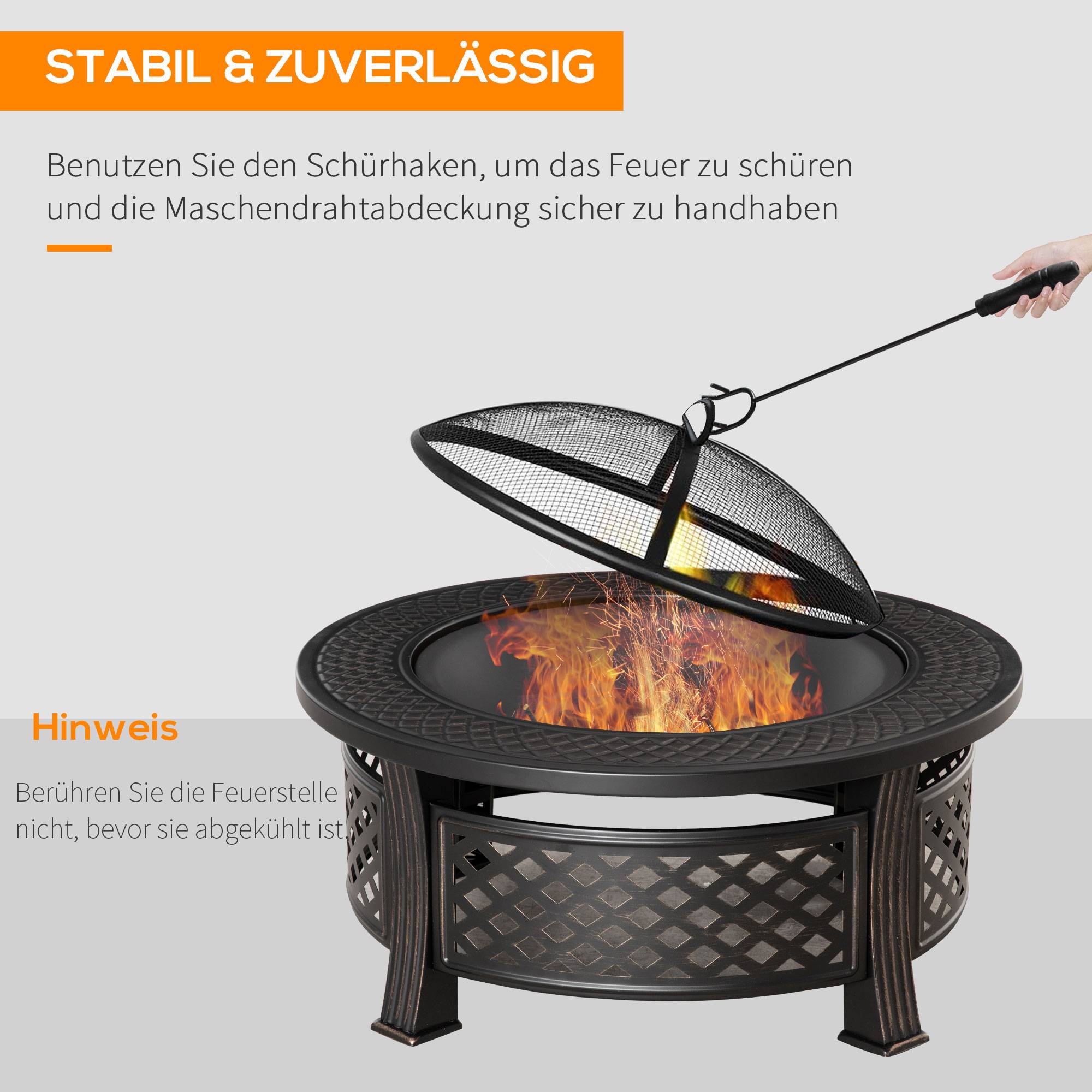 ComfortXL - Brasero 2-en-1 acier 81 x 81 x 50 cm noir effet bronze pour jardin avec barbecue tablette et pare-étincelles - Image 4