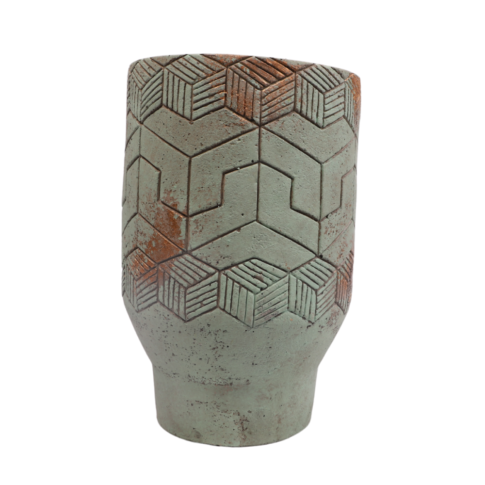 ° Cache-pot "Egyptien" béton vert de gris Ø17 x 27 cm Chemin de campagne - Image 1