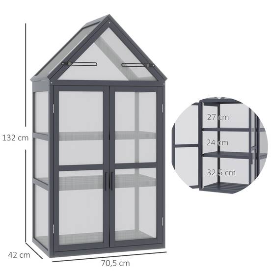Sans Marque - Mini-serre châssis froid 3 niveaux toit charnières bois polycarbonate 70,5x42x132,Sans Marque - Image 5