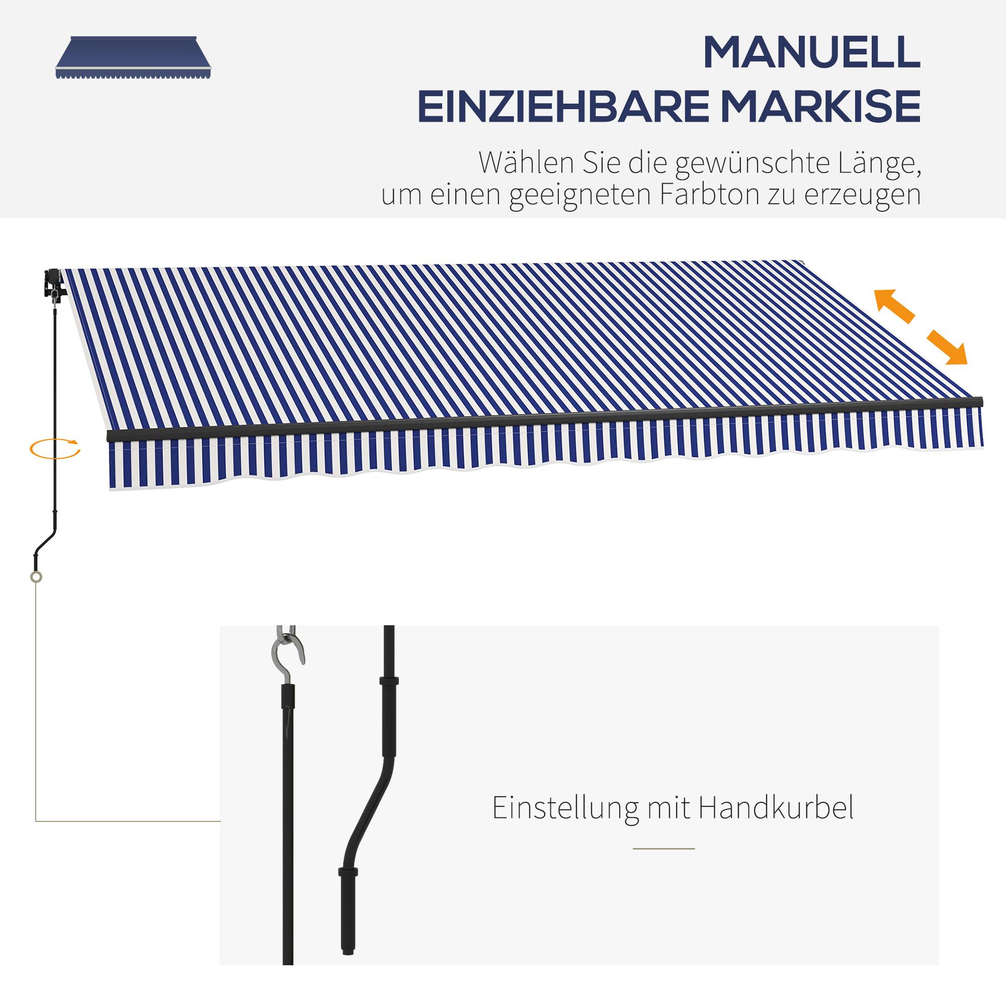 Store pare-soleil, store de terrasse, manivelle, résistant, 400 x 300 cm, bleu et blanc - Image 6