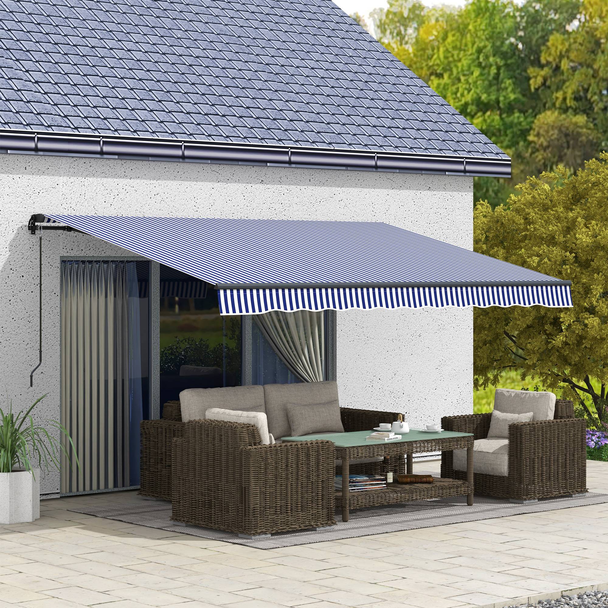Store pare-soleil, store de terrasse, manivelle, résistant, 400 x 300 cm, bleu et blanc - Image 3
