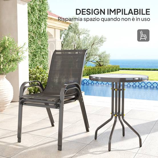 Salon de Jardin 3 Pièces Acier Balcon Détente Chaises Empilables Noir - ComfortXL Outdoor Living - Image 7
