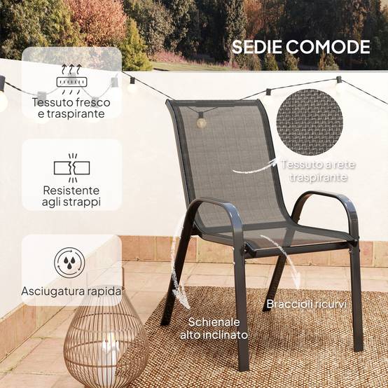 Salon de Jardin 3 Pièces Acier Balcon Détente Chaises Empilables Noir - ComfortXL Outdoor Living - Image 8