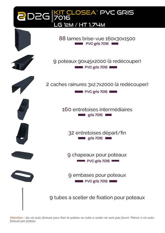 Closea - Kit cloture - Lame 16cm - PVC Gris - LG: 12m x H: 1m74 Closea - Imagen 4
