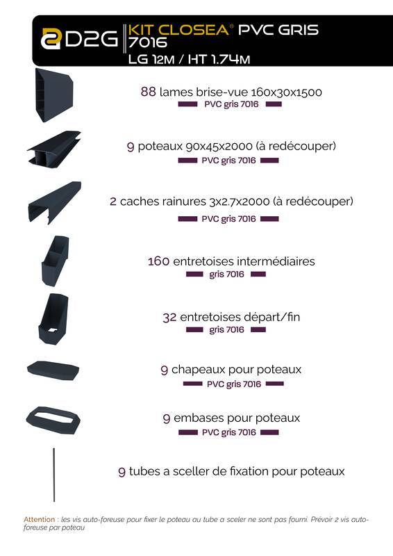 Closea - Kit cloture - Lame 16cm   - PVC Gris - LG: 12m x H: 1m74 Closea - Imagen 4