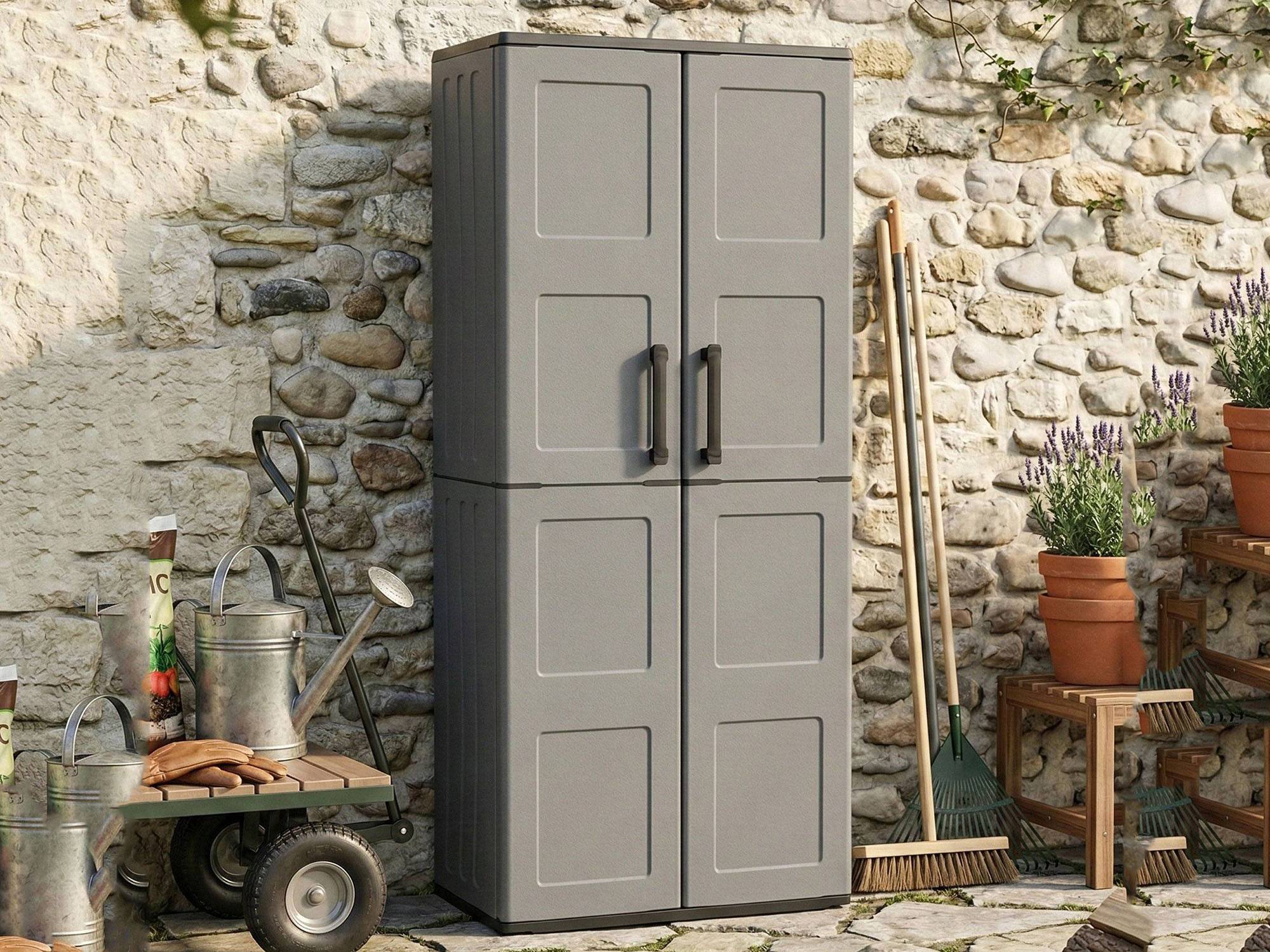 Dmora - Armoire d'extérieur Dargentes, Armoire porte-balai polyvalente, Armoire d'extérieur 2 portes, Finition damier, 68x37h163 cm, Gris et Noir - Dmora - Imagen 7