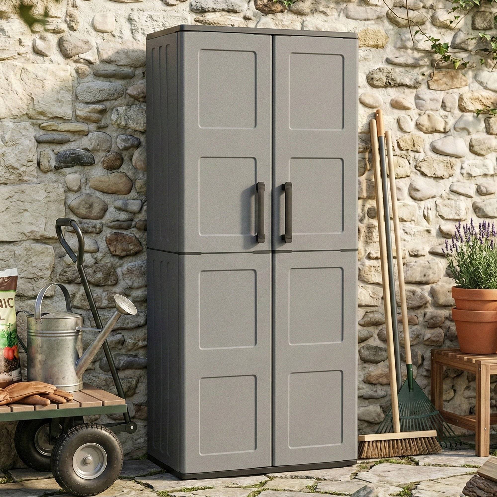 Dmora - Armoire d'extérieur Dargentes, Armoire porte-balai polyvalente, Armoire d'extérieur 2 portes, Finition damier, 68x37h163 cm, Gris et Noir - Dmora - Imagen 2