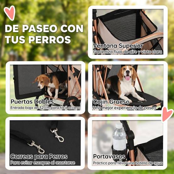 Poussette pliable pour chien jusqu'à 20 kg avec grandes roues, suspension et frein, fenêtres en filet, coussin marron clair - Image 9