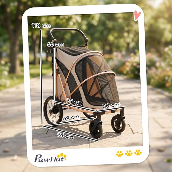 Poussette pliable pour chien jusqu'à 20 kg avec grandes roues, suspension et frein, fenêtres en filet, coussin marron clair - Image 5