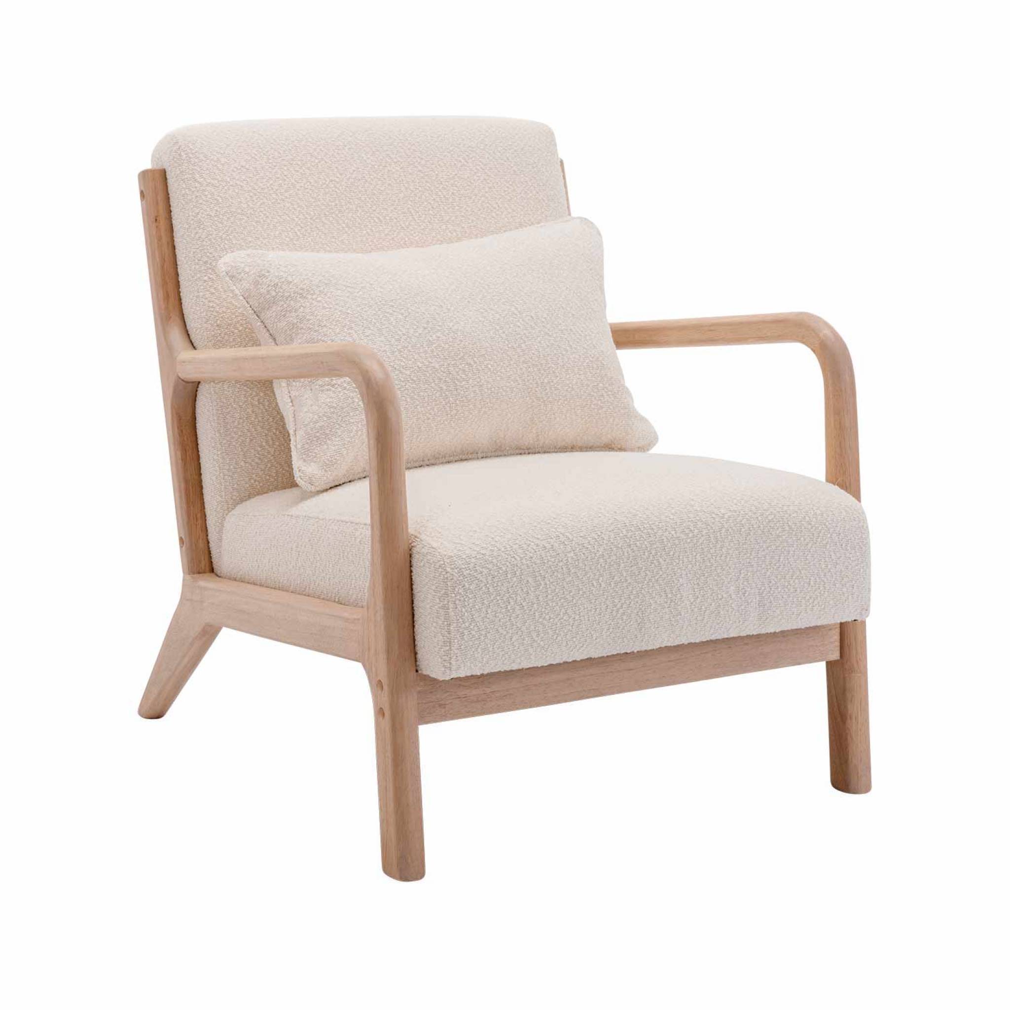 sweeek - Fauteuil à bouclettes blanches texturées. bois et tissu. 1 place droit fixe. pieds compas scandinave. structure en bois solide | sweeek - Image 2